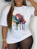 Colorful Drip Rose Women's Tee - Vibrant Artistic Floral Graphic, Stylish Print for Casual Daily Wear