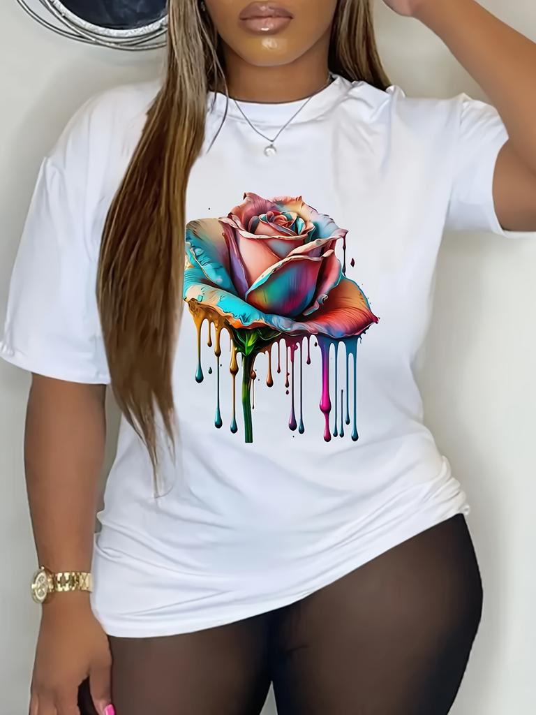 Colorful Drip Rose Women's Tee - Vibrant Artistic Floral Graphic, Stylish Print for Casual Daily Wear