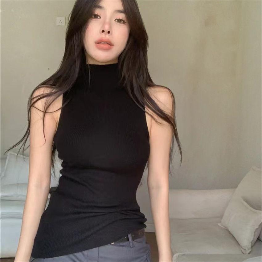 

Knitted High Neck Tank Top Camisole Slim Fit Summer Hot Girl Sleeveless Top Elegant Korean Style Stretchy Sexy S чорний