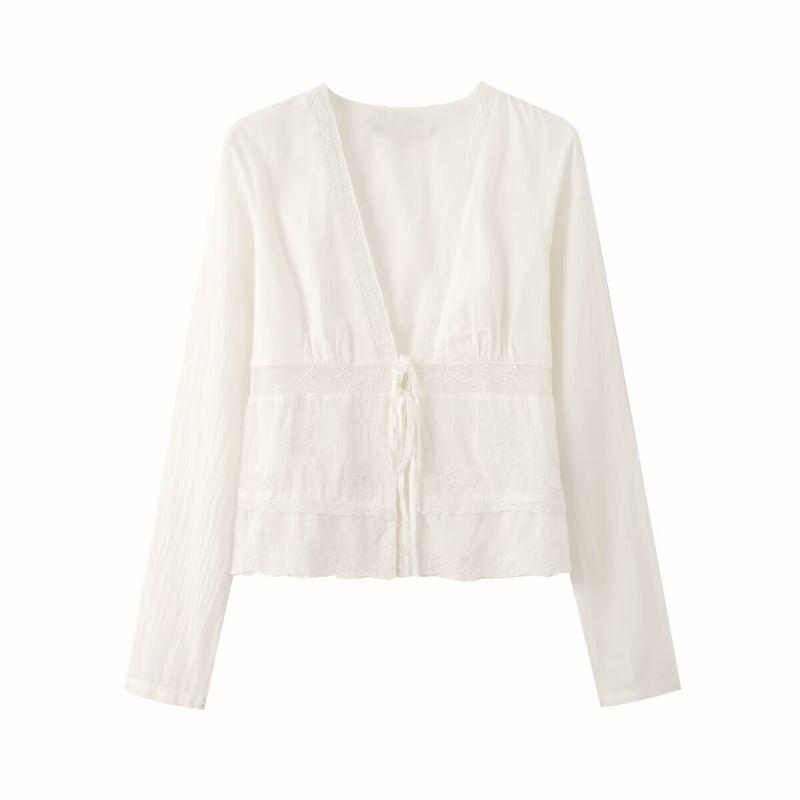 

Zaprha 2025 New Long Sleeve V-neck Plaid Cotton Bowknot Decoration Shoelace Embroider Shirt Female 0881046 White L