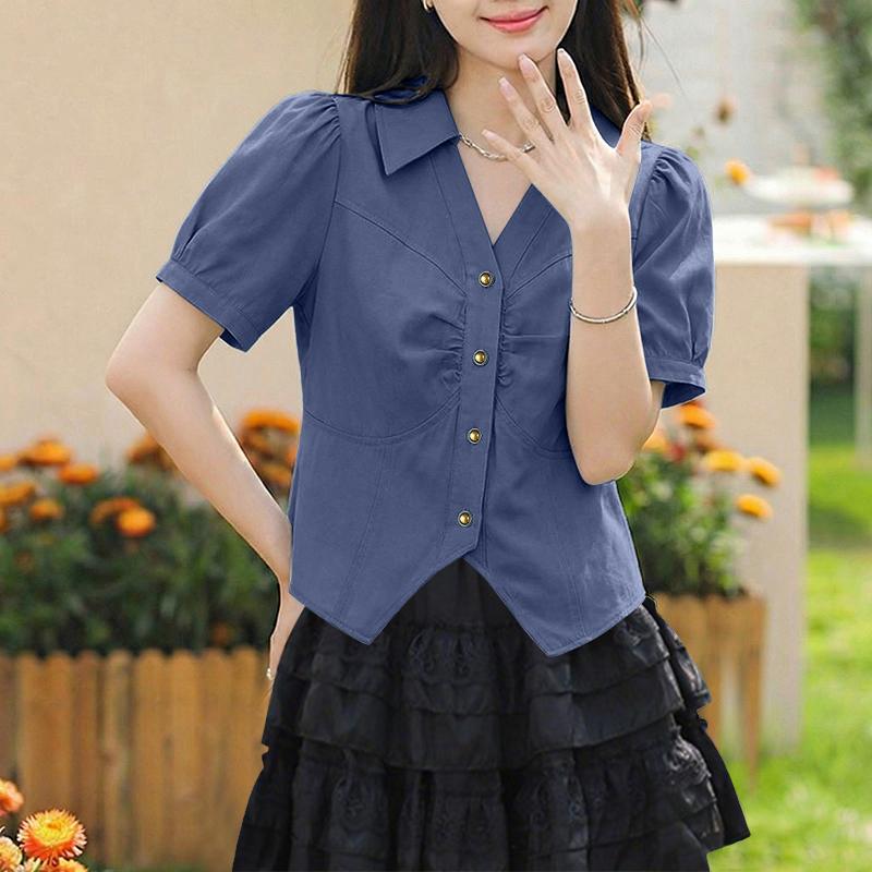 

ZANZEA Elegant Women Turn Down Collar Casual Short Sleeve Blouse M темно-синього кольору
