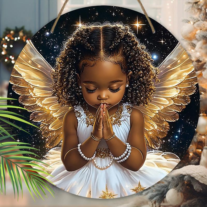 Złote Skrzydła Czarny Anioł Drewniany Znak - Anioł Okrągły Znak do Dekoracji Wiszącej na Ścianie Drzwi Wejściowych - Idealna Dekoracja Wisząca do Domu