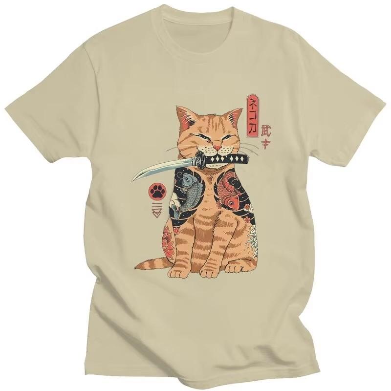 Japanese Samurai Cat Graphic Tee Pure Cotton Streetwear T-Shirt Breathable Casual Top