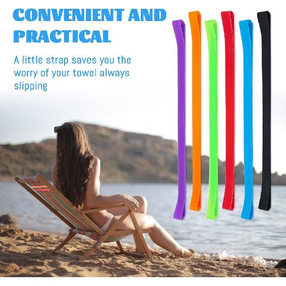 6 Pack Towel Bands for Beach Chair, Windproof Rubber Beach Towel Clips Bands, Stretchable Colorful Chair Silicone Holder for Swimming Pool Cruise (6