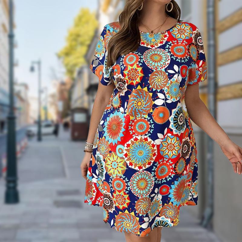 

Женская мода изящный ретро принт лето весна короткий рукав О-образный вырез повседневные платья 5XL красный