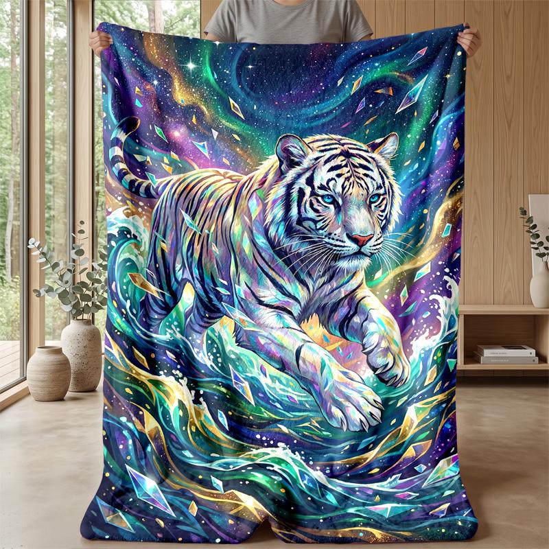 Cosmic Tiger Journey Blanket Personalized Name Flannel Blanket Soft Cozy Plush Throw for Sofa Bed Lightweight Home Decor