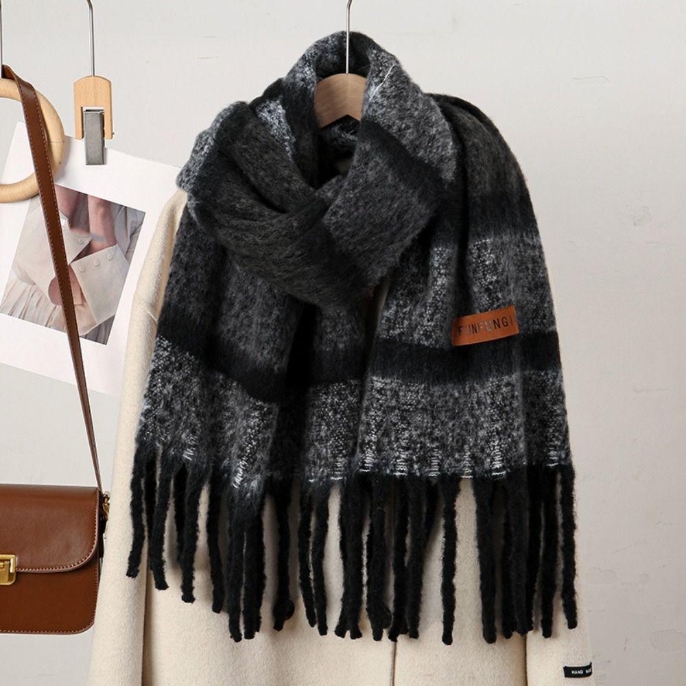 Thickened Knitted Stripe Scarf Windproof Long Wool Tassel Scarf Women's Cashmere Shawl Girls