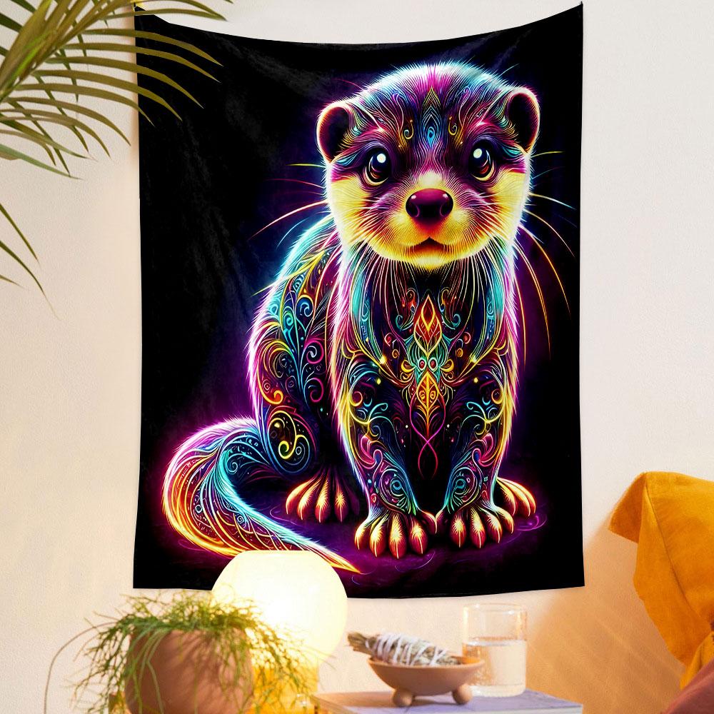 Neon Tribal Otter Artwork Patterned Tapestry Decorative Wall Hanging, Home Bedroom Living Room Decor