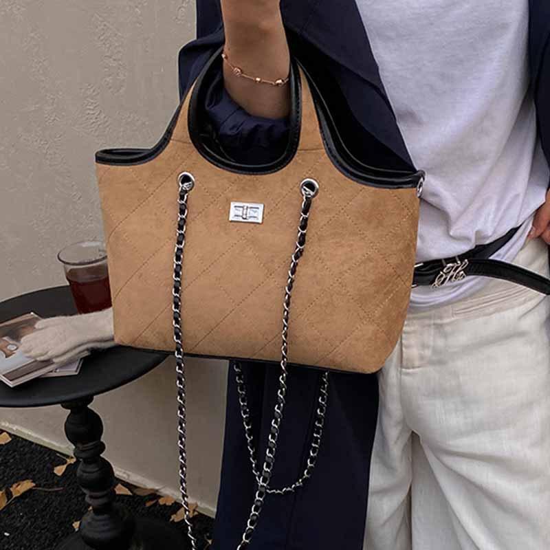 New small fragrance style diamond check chain tote bag retro large capacity color-blocking high-end sense shoulder bag foreign style handbag