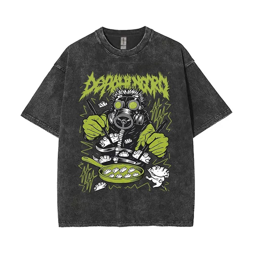 Funny Gas Mask Dumpling Cooking Death Metal Style Graphic Print Vintage Washed Oversized Streetwear T-Shirt L