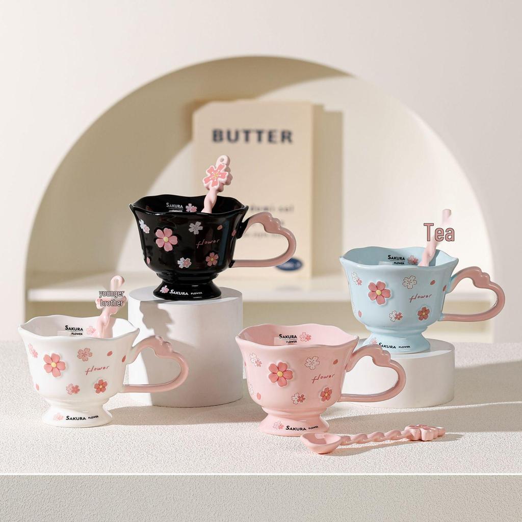 Personalized Cherry Blossom Embossed Ceramic Mug with Spoon – Creative Pink Souvenir Cup