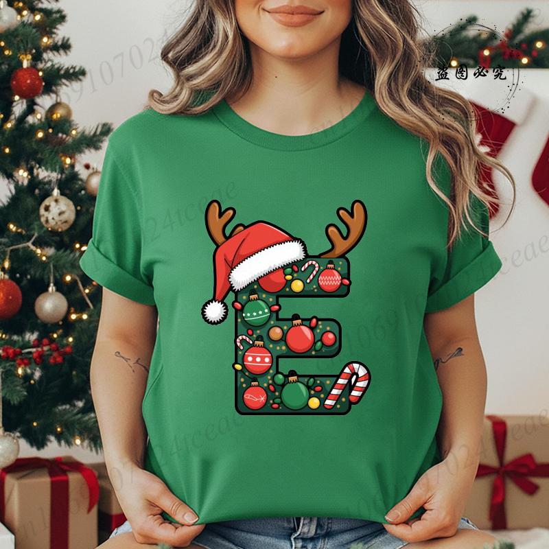Fashion Printed T Shirt Festive Christmas Alphabet Letter with Santa Hat Women T Shirt Short Sleeves Crew Neck Female Clothes