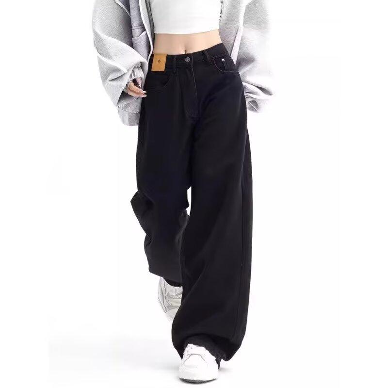 

Женские джинсы прямого кроя в американском ретро-стиле, черные - Стройнящие, для фигуры типа груша , широкие штанины, коллекция весна/осень 2024 5XL чёрный