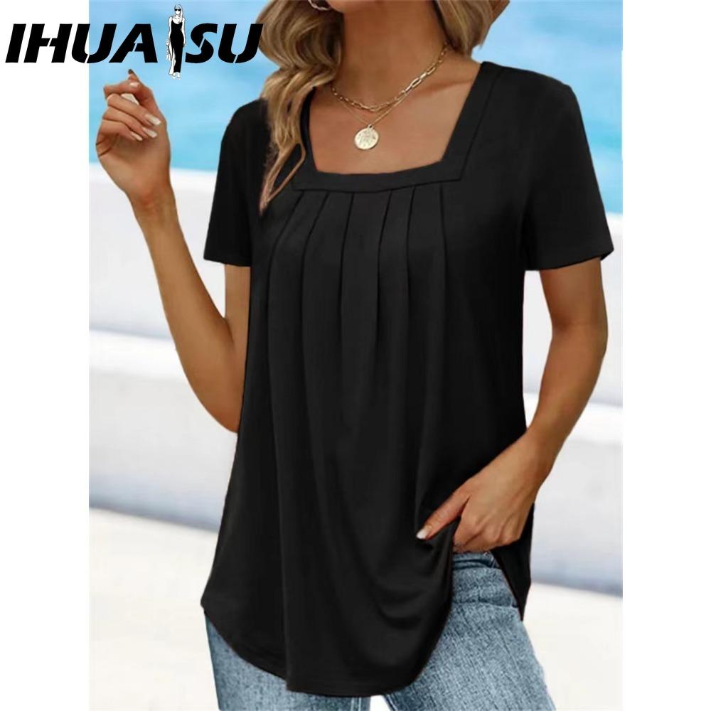 

IHUASU Женские модные повседневные однотонные блузки и рубашки с принтом и коротким рукавом XXXXXL чёрный