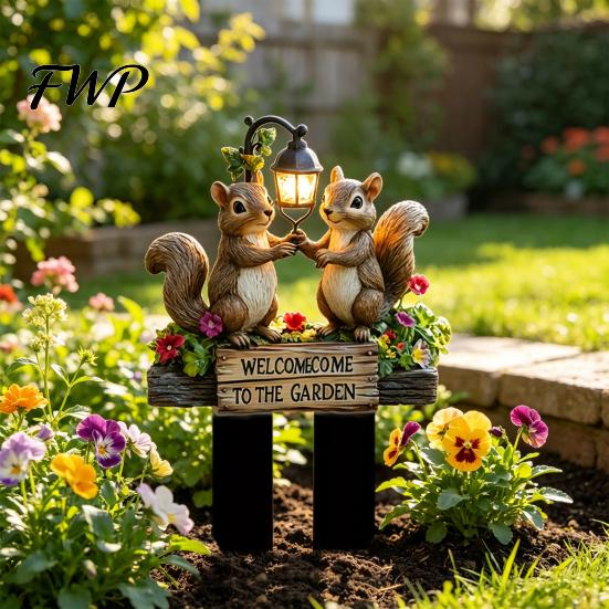 Outdoor Garden Ornament Two Squirrels Decorative Stake, Welcome to The Acrylic Yard Accessory Art, Street Lamp Squirrel Sign for Lawn Pathway