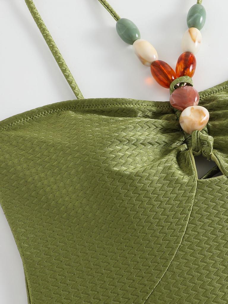 Women's Fashion Beads Swimsuit Sexy Hollow Out Bikini Set Padded Lace Up Back Monikini Slip Cover-up Swimwear Set Two PiecesTankini Bathing Suit