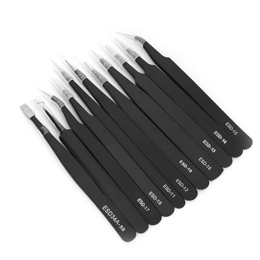 11Pcs Accuracy Tweezers Canvas Bag Set Stainless Steel Straight Ebow Anti Static Tool ESD(Tweezers