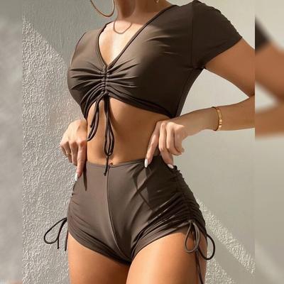 Damen Unifarbener V-Ausschnitt Bikini Badeanzug Set, Zweiteilig Kordelzug Boyshort Badeanzug, Sportlicher Strand Tankini Badeanzug