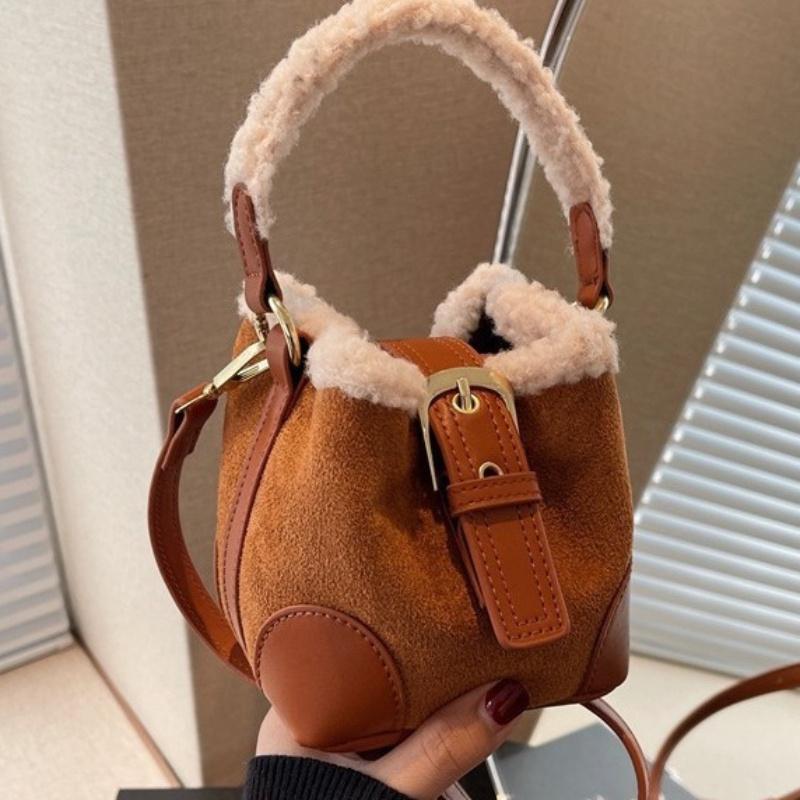 Women's Fashion Plush Messenger Bag Faux Leather Small Bucket Shoulder Crossbody Bag with Polyester Lining and Buckle Closure Solid Color
