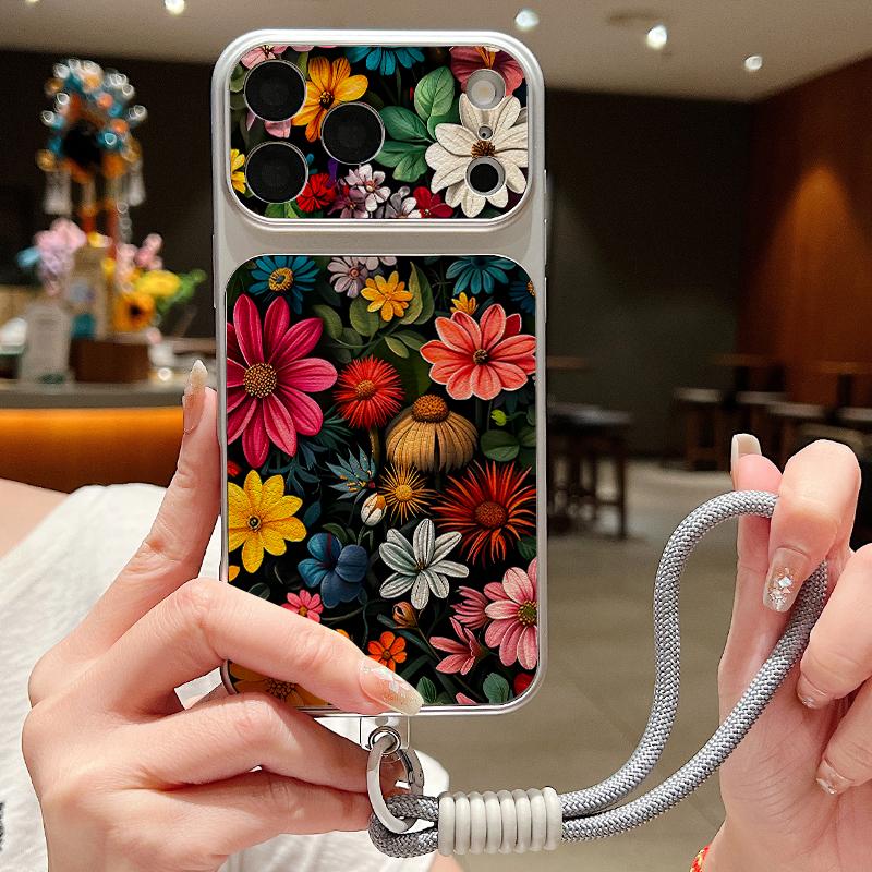 Oil Painting Floral Leather Lanyard Case For iPhone 18 Pro Max Hybrid TPU+PU Anti-skid Soft Cover For iPhone 17 16 15 14 13 Pro Max