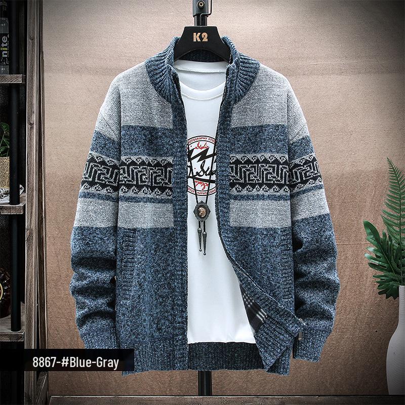 

Autumn Winter Men s Printed Loose Knit Cardigan Jacket - Korean Style Trendy M серый/синий