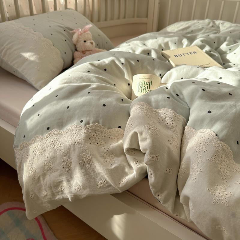 French Style Lace Bedding Set 3/4PCS - Wash Cotton Duvet Cover & Pillowcases Soft Breathable Active Printing for Home Bedding