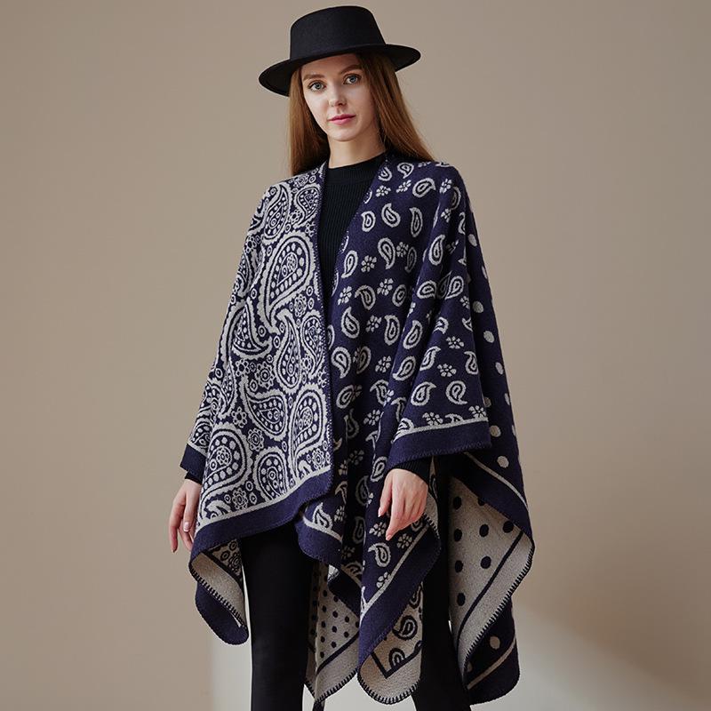Autumn/Winter Double-Sided Slit Shawl - Leopard Print & Polka Dot Warm Cloak for Women