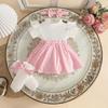2026 Grenzüberschreitendes Niedliches Sommer-Kleinkindkleid-Set: Kleid mit Puffärmeln im Hahnentrittmuster, Socken und Kopfbedeckung