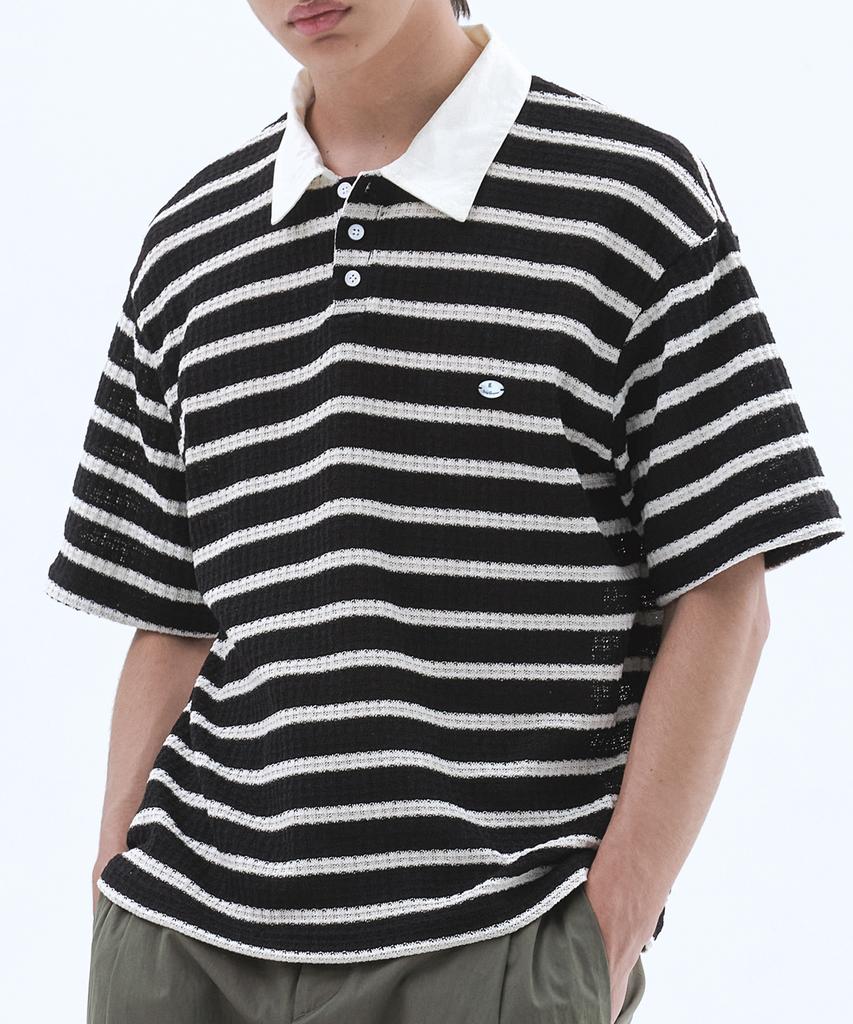 TRIP LE SENS Surfer Stripe Waffle Polo Shirt_Black