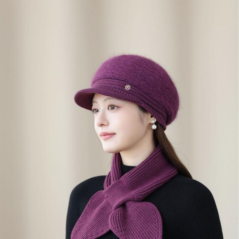 Warm Knit Beanie Hat Women Seniors Rabbit Fur Blend Winter Cap With Adjustable Fit Short Brim