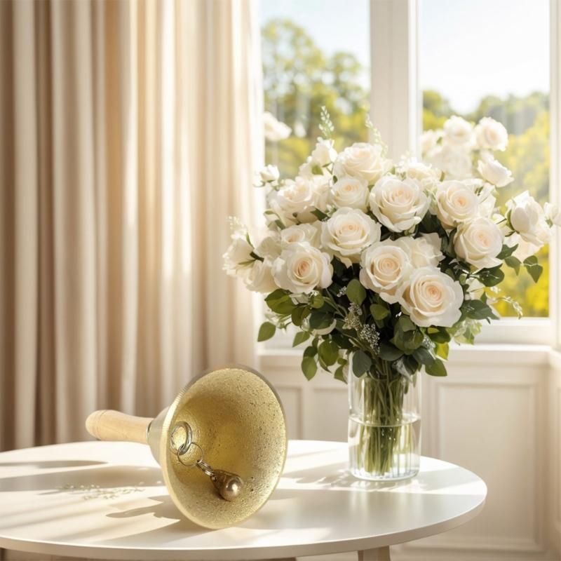 8CM Brass Hand Bell with Wooden Handle Dinner Service Bell Loud Ringing Bell for School Classroom, Service and Game