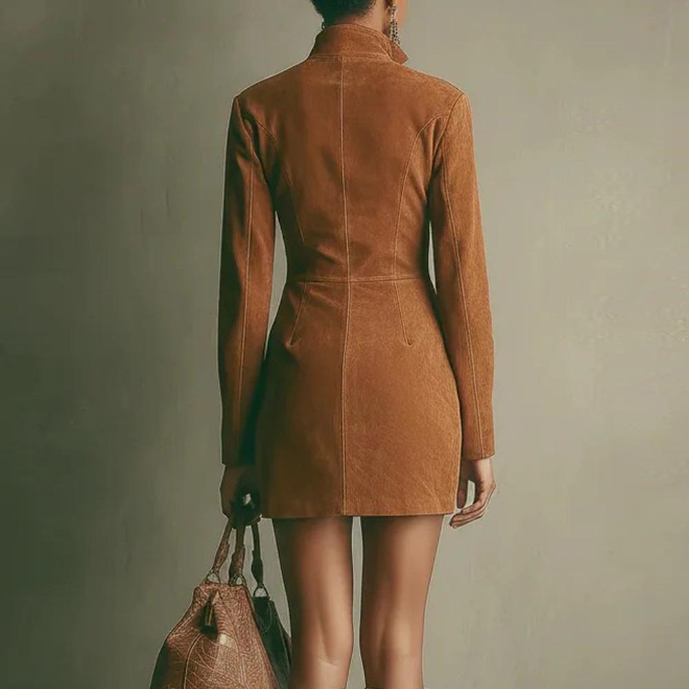 2025 Fall/Winter European & American Women's Suede French Zipper Long Sleeve Short Dress