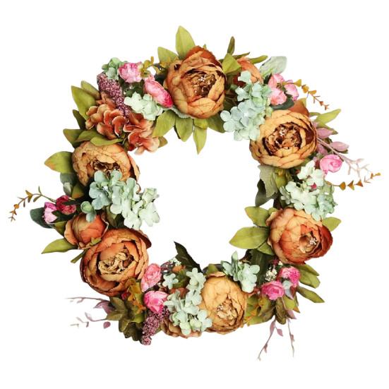 40CM Artificial Peony Wreath Indoor Outdoor Front Door Wall Hanging Fake Flower Garland with Green Leaves Wedding Party Home Decoration