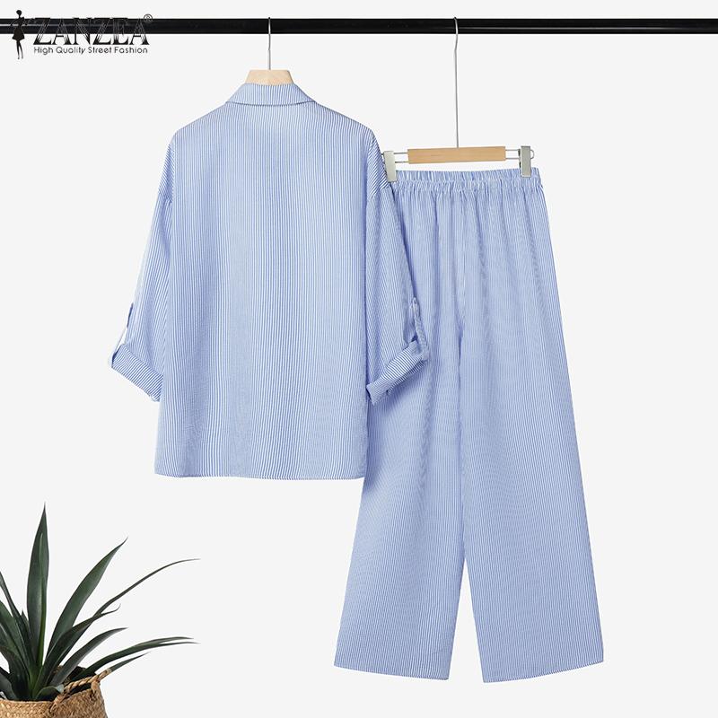 ZANZEA Women Long Sleeve Blouse and Pants Casual Stripe Two Piece Suit Sets