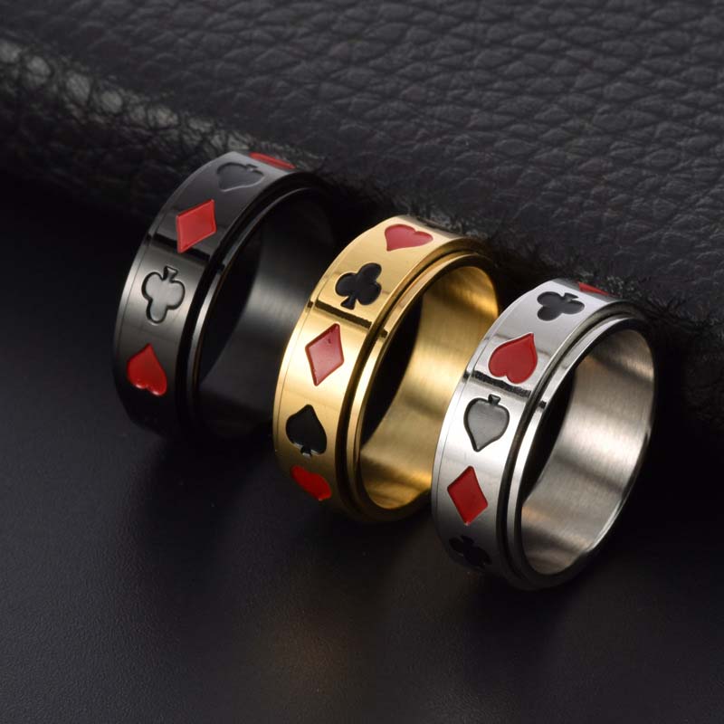 Men's Rotating Poker Spinner Ring Titanium Steel Adjustable Band with Poker Suits Lucky Charm Jewelry Gift for Men
