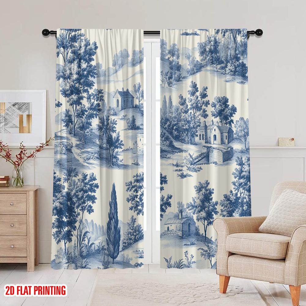 Plane Printing Curtains Digital Printed Blue Landscape Scene Durable Polyester Fabric Without Rod Versatile Set Of 2 Made