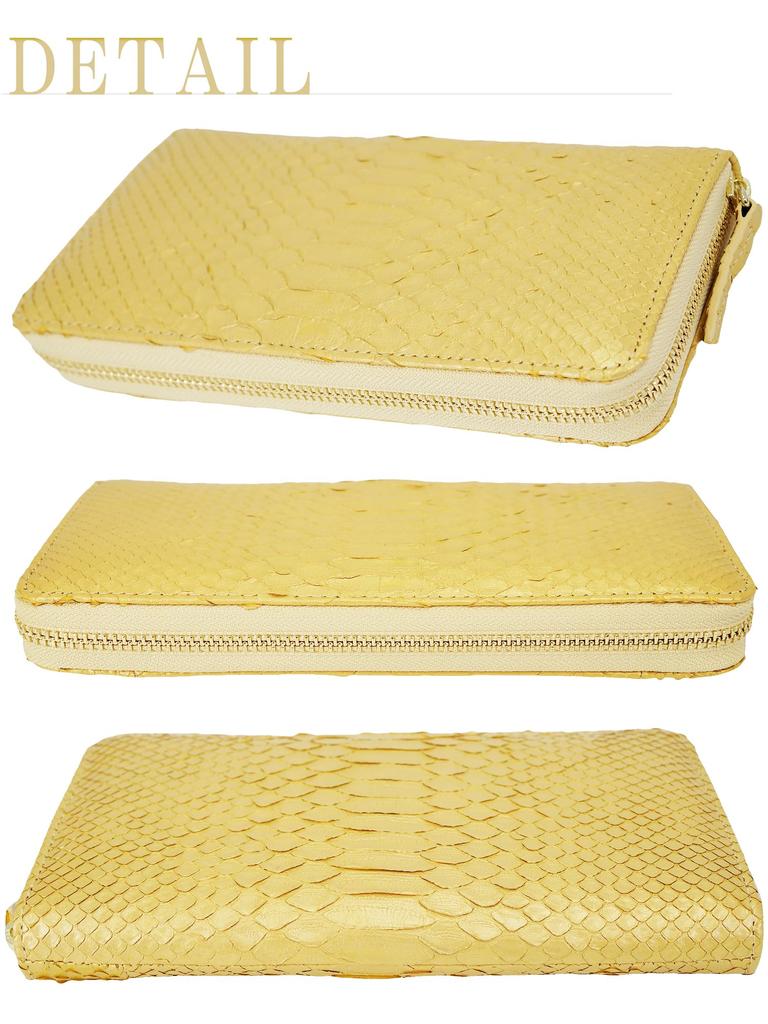 This gold long wallet for men and women is made from a single piece of genuine snakeskin leather. It features a round zipper, a coin purse, and card