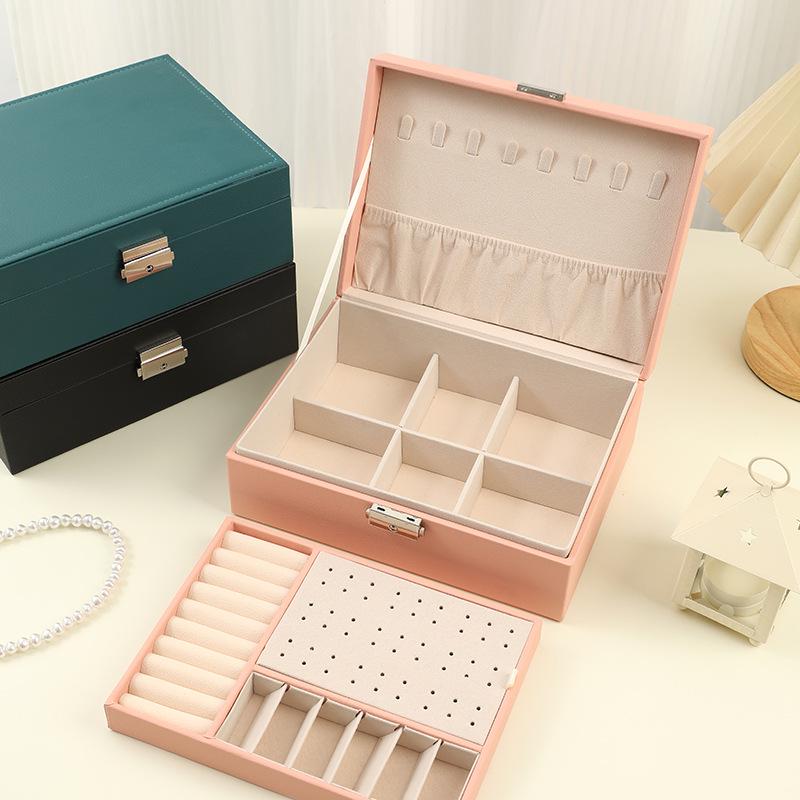 Spot PU Double-Layer Lockable Jewelry Storage Box for Rings, Earrings, and Necklaces
