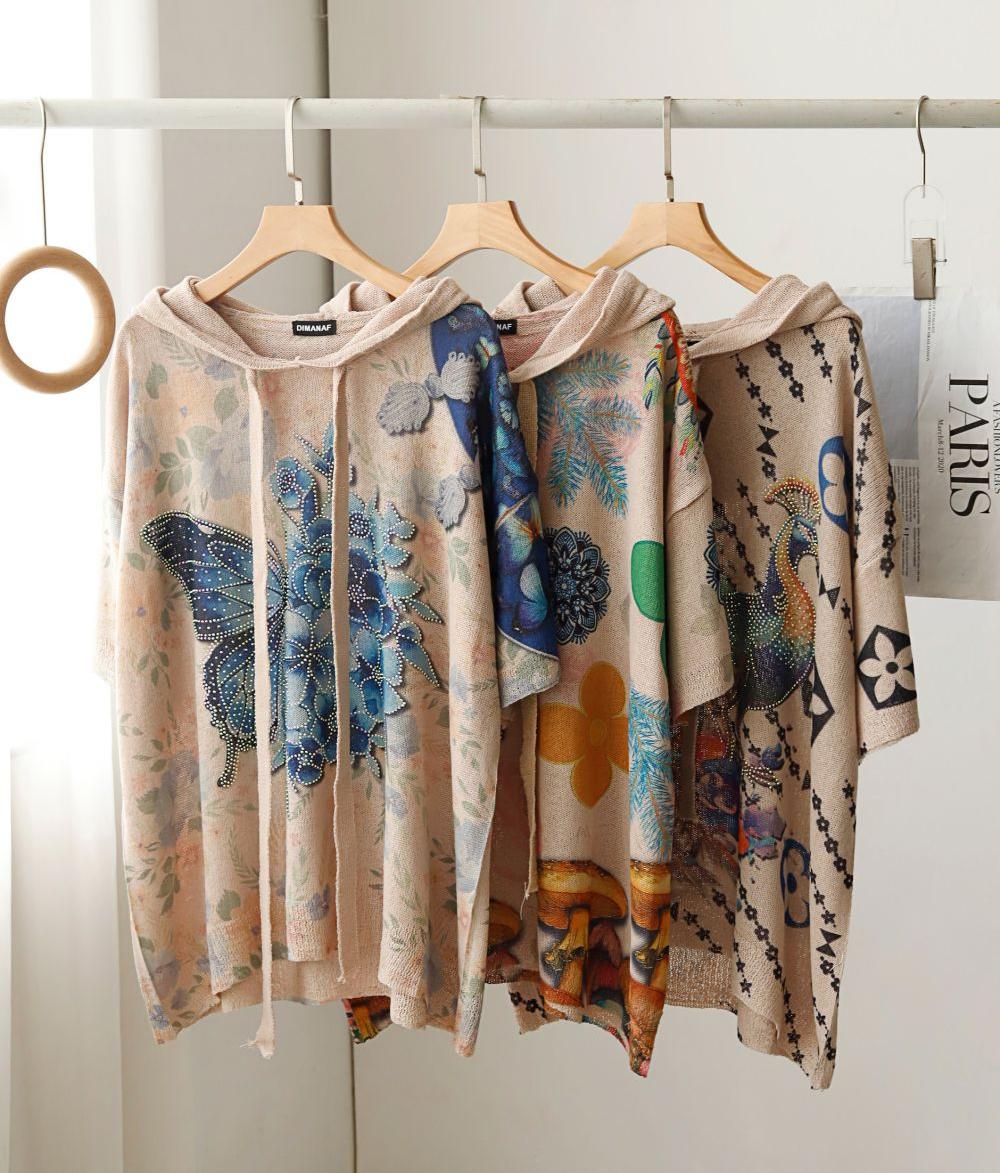 

DIMANAF 2024 новые летние женские футболки Летний стиль трикотажные рубашки с короткими рукавами и принтом стразы с капюшоном и цветочным принтом футболки свободные