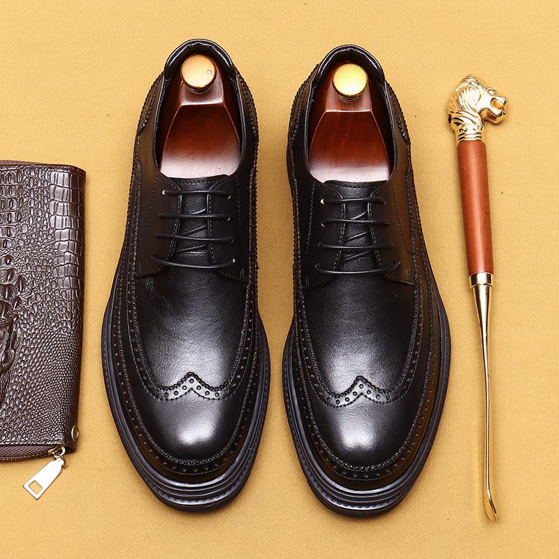 Business Casual Leather Shoes Men'S Genuine Leather Soft Leather Platform British Brock Engraved Men'S Shoes