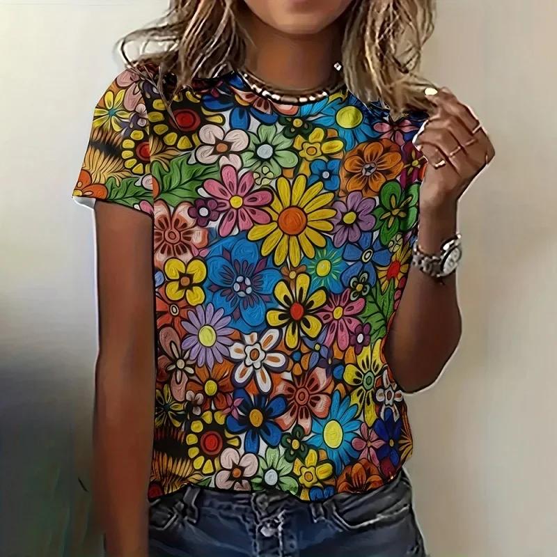 Girl Flower Pattern for Women Exquisite Ethnic 3D Printed Short Sleeves  Summer Casual Loose O-Neck Tops