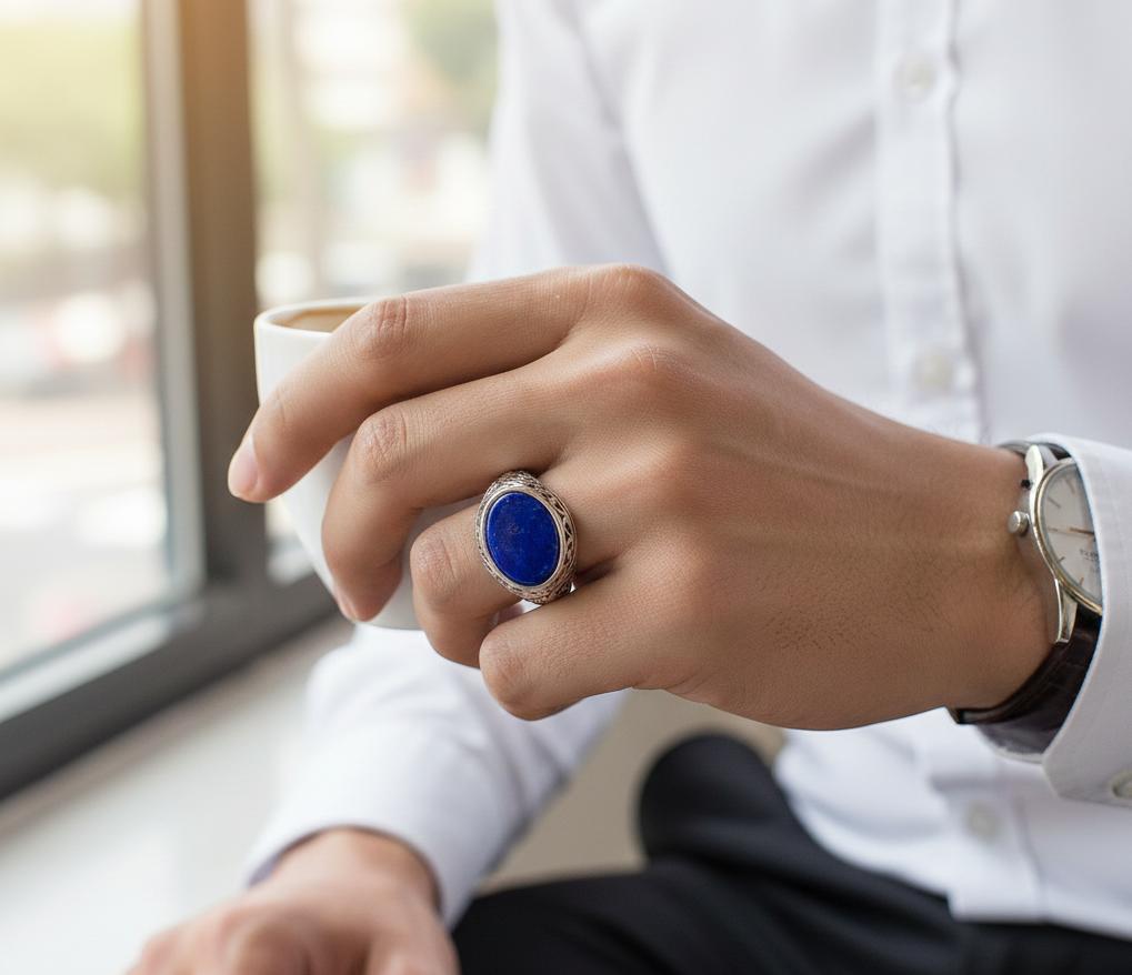 Lapis Lazuli Herrring 925 Sterling Silver Vintage Filigran Sigillring Antik Blå Ädelstenssmycke för Herrar Retro Statement Gåva