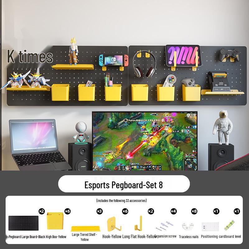 Esports Gaming Desk with Pegboard Wall Organizer and Equipment Rack