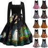 Women Long Sleeve Square Neck Vintage Halloween Print Party Dress Retro A Line Evening Gown Costume with Belt