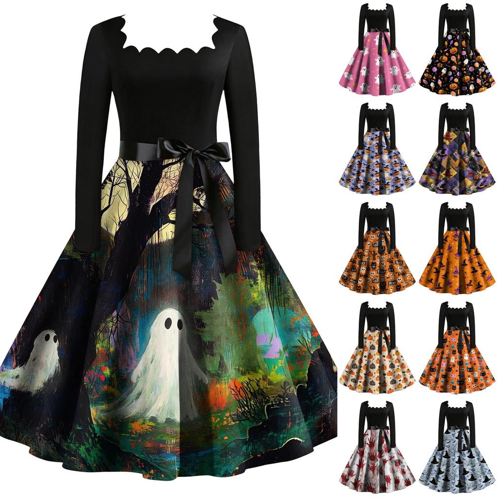 Women Vintage Long Sleeve Square Neck Dress Halloween Party Printed Full Skirt Retro Style Midi Dress with Waist Tie