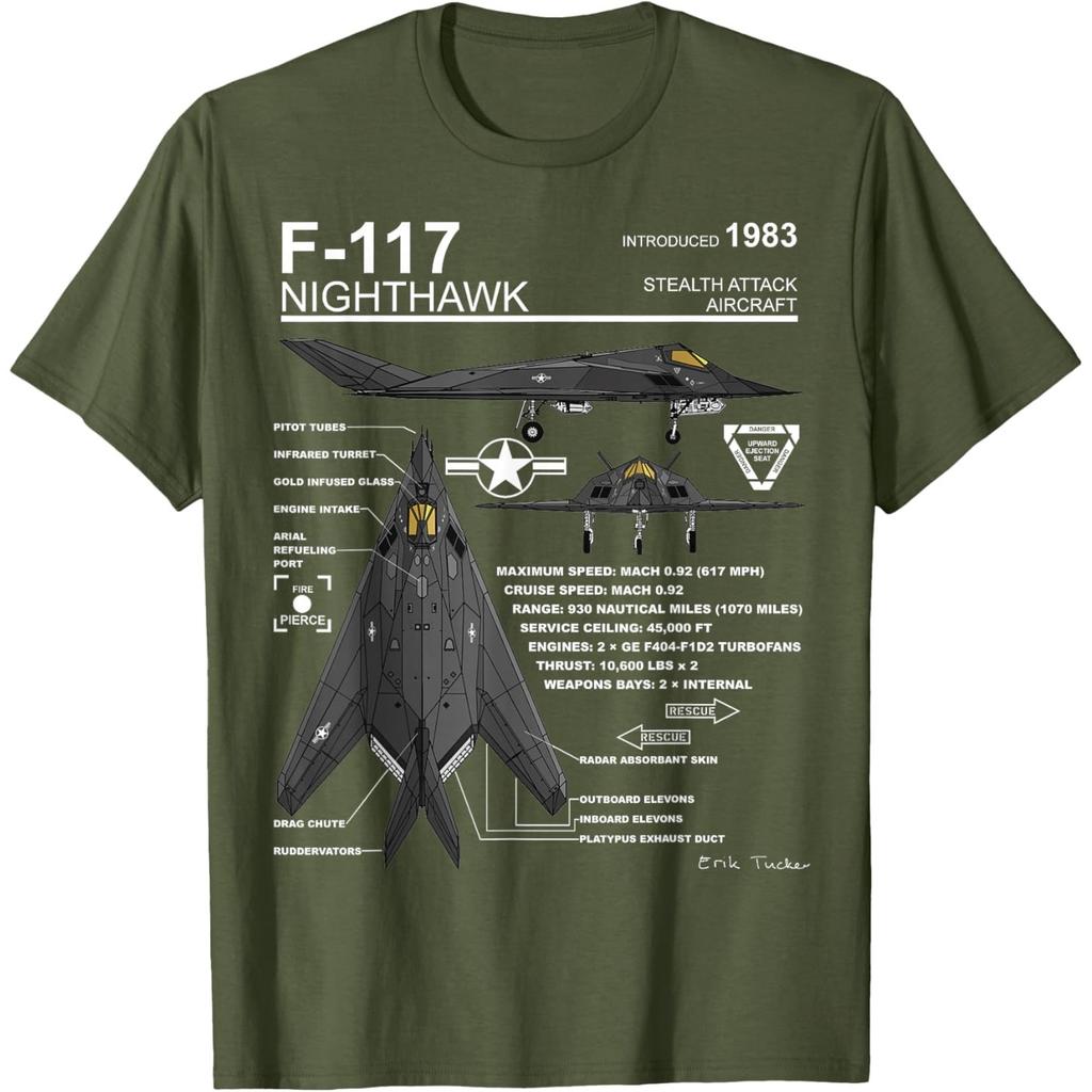 Camiseta Gráfica Esquemática del Caza Sigiloso F117 Nighthawk para Hombre, Casual, Algodón Puro