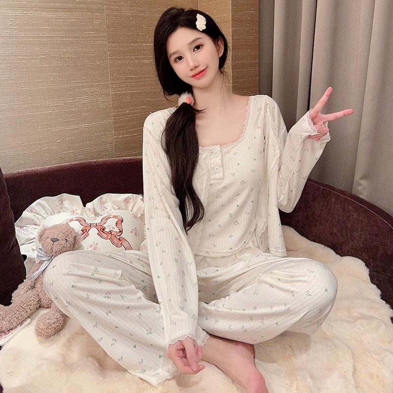 Oh Mi Da Spring and Autumn Long Sleeve Pajamas Women's Sexy Suspender Three-piece Set with Chest Pad Floral High-end Homewear Set
