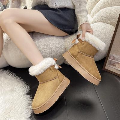 Fashionable Bow Round Toe Elegant Snow Boots Winter Flat Wear-resistant Soft Students Plus Velvet Warm Women's Shoes