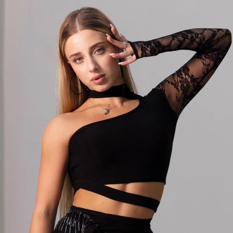 Abito da Danza Latina in Pizzo per Donne Nero Top a Manica Singola Set Gonna con Frange Costume per Allenamento Cha Cha Danza Samba Rumba Performance