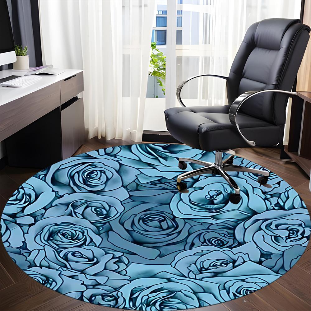 1pc Blue Roses Floral Office Round Area Rug, Indoor Mat Suitable For Office, Under Office Chairs Bedroom Living Room Home Decor, Room Deco